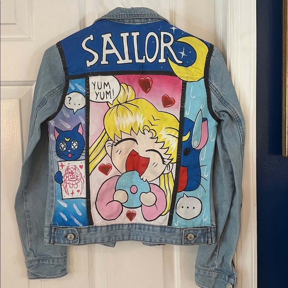 Women’s Denim Co. Light Blue Hand Painted Anime Sailor Moon Denim Jacket Size 2 - Picture 2 of 8